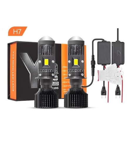 Комплект от 2 броя LED крушки с лупа, Y10 H7, 200%, 50W 6400LM, 6000K, 360° Canbus без грешки – 12V