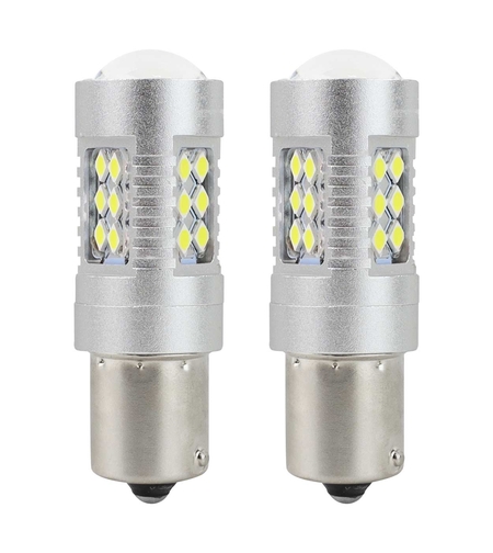 Комплект от 2 броя LED Диодни Крушки за Mигач Стоп Габарит Халоген CANBUS 3030 24SMD 1156 BA15S P21W 12V-24V Бяла Светлина в Блистер Amio