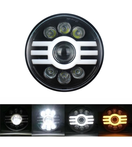 Универсален 7 инча 18см ЛЕД LED фар лампа халоген 12V-24V къси/дълги с DRL дневни светлини мигач бяло-жълто 5000lm за АТВ джип мотоциклет камион трактор и др.