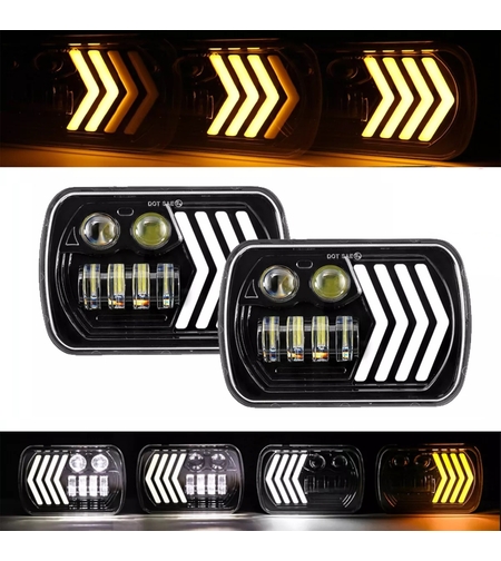 Комплект ляв и десен универсалeн 5x7 инча ЛЕД LED фар лампа халоген 12V-24V къси/дълги с DRL дневни светлини мигач бяло-жълто 8250lm за АТВ джип камион трактор и др.