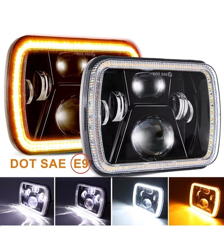 Комплект от 2бр. универсален 60W ЛЕД LED фар лампа халоген 12V-24V къси/дълги с DRL дневни светлини мигач бяло-жълто 20 x 14cm за АТВ джип мотоциклет камион трактор и др