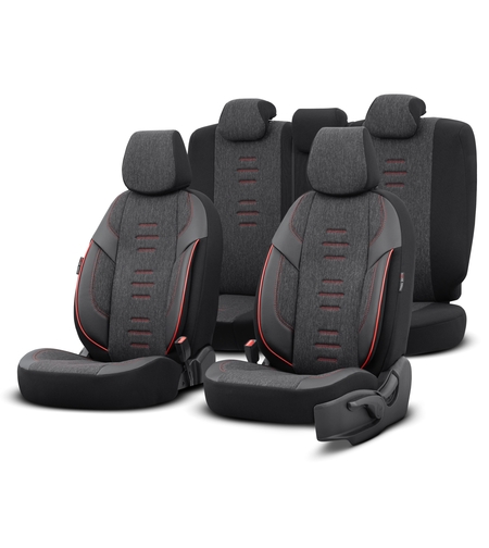 Комплект Луксозна Тапицерия OTOM текстил с еко кожа THRONE Design – Черна с червен шев, за Предни и Задни Седалки