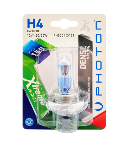 1 брой халогенна крушка H4 Х4 +150% 12V 60 / 55W P43T-38 бяла светлина в блистер DENSE VISION PHOTON