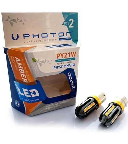 Комплект от 2 броя LED ЛЕД Крушки 24 SMD BA15S (P21W) 12V - 24V жълта / оранжева светлина EXCLUSIVE Photon
