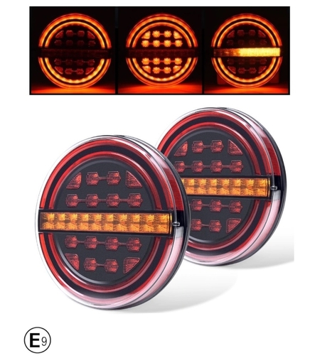 Комплект LED Светодиодни Стопове с Динамичен Бягащ Мигач, Неон Ефект, Кръгли, Тип Хамбургер , Ø13.9см , 3 Функции, Е-Мark, Е9, 12V-24V