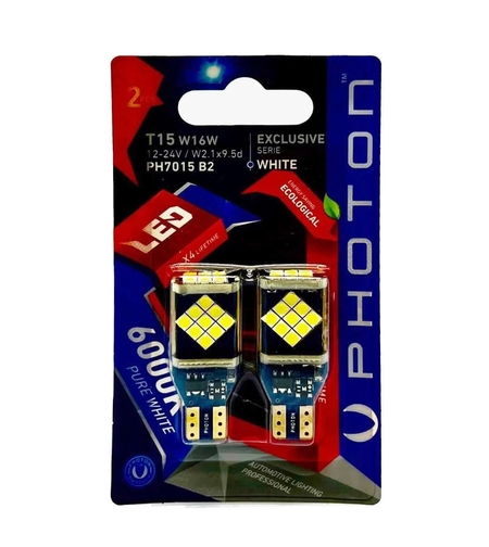Комплект от 2 броя LED ЛЕД Диодни Крушки За Габарит Т15 W16W 24 SMD 12V-24V Бяла Светлина Canbus - Error free Без грешки в блистер EXCLUSIVE Photon