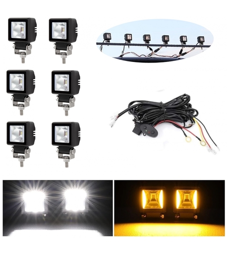Комплект от 6 броя Лед LED Халогени Лампи с окабеляване Бяла Flood + Оранжева DRL Светлина 12V - 24V за Off Road 4X4 SUV джип мотор автомобил камион градина и др.