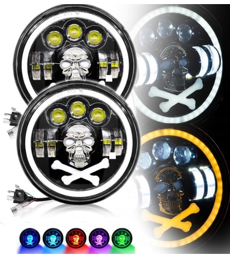 Комплект от 2бр. универсален 7 инча 18см ЛЕД LED фар халоген 12V-24V къси/дълги с DRL дневни светлини мигач бяло-жълто и череп с RGB подсветка с 6 различни цвята за АТВ джип мотоциклет камион трактор и др.