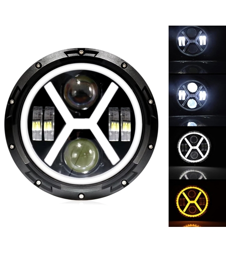 Универсален 7 инча 18см ЛЕД LED фар лампа халоген 12V-24V къси/дълги с DRL дневни светлини мигач бяло-жълто 4000lm за АТВ джип мотоциклет камион трактор и др.