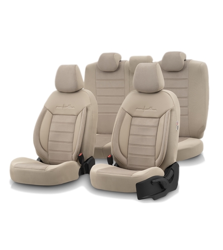 Комплект Луксозна Тапицерия OTOM текстил с еко кожа COMFORT LINE Design – Бежова с бежов шев, за Предни и Задни Седалки