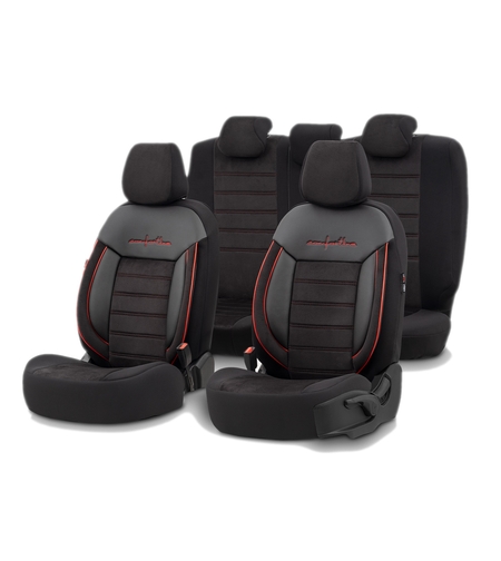 Комплект Луксозна Тапицерия OTOM текстил с еко кожа COMFORT LINE Design – Черна с червен шев, за Предни и Задни Седалки