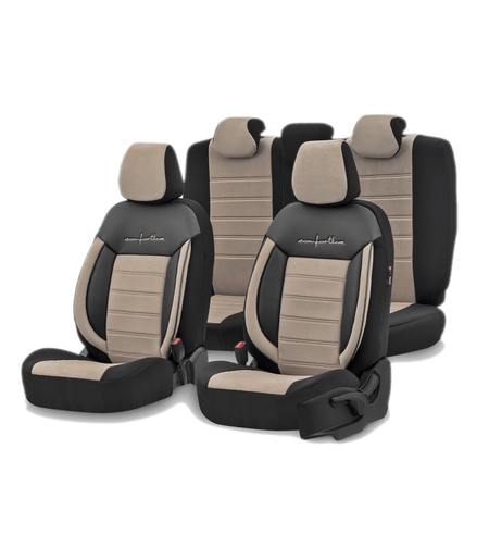 Комплект Луксозна Тапицерия OTOM текстил с еко кожа COMFORT LINE Design – Бежово-Черна с бежов шев, за Предни и Задни Седалки