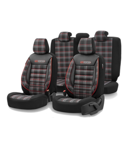 Комплект Луксозна Тапицерия OTOM текстил с еко кожа GTI SPORTS Design – Черна с червен шев, за Предни и Задни Седалки