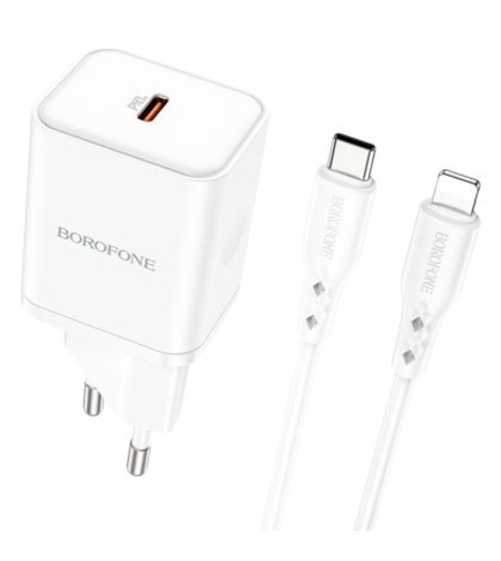 Зарядно Borofone, BN6 Field, QC3.0 PD 20W, Кабел Type C-Lightning, Бързо зареждане, Бяло