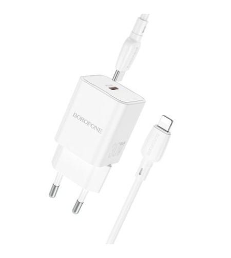 Зарядно Borofone, BN13 Safety GaN, PD 30W, Кабел Type C-Lightning, Бързо зареждане, Бяло