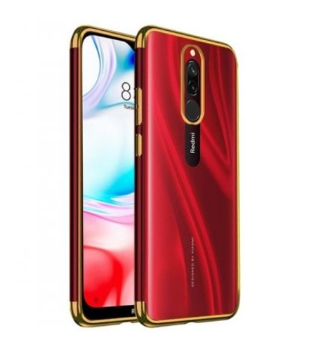 Силиконов прозрачен кейс New Electro за Xiaomi Redmi 8, Златна гланцирана рамка, Прозрачен