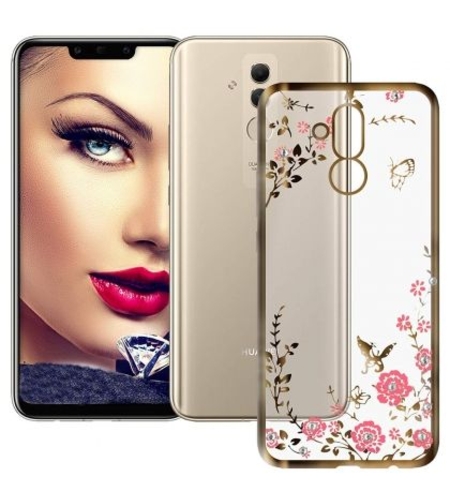 Луксозен гръб Flowers с камъни за Huawei Mate 20 Lite, Златен
