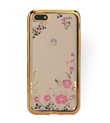 Луксозен гръб Flowers с камъни за Huawei Y5 2018, Златен