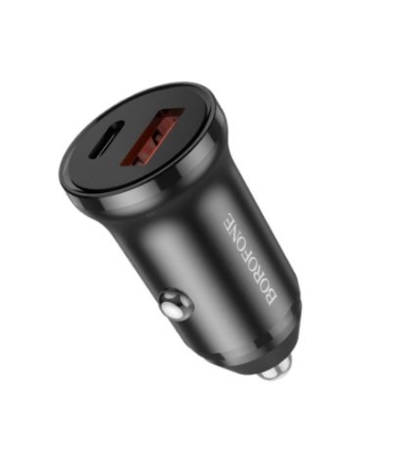 Зарядно устройство за автомобил Borofone, BZ18A, USB+Type C, QC3.0, PD20W, Бързо зареждане, Черно