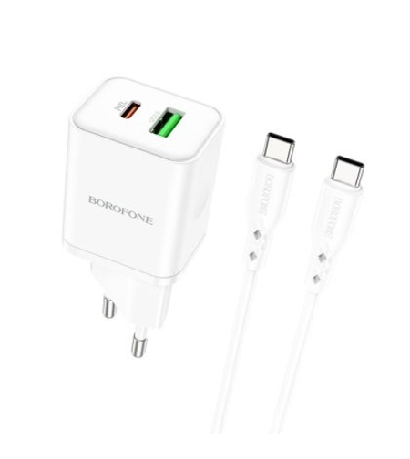 Зарядно Borofone, BN7, PD 20W QC3.0, USB+Type-C, Кабел Type C-Type C, Бързо зареждане, Бяло