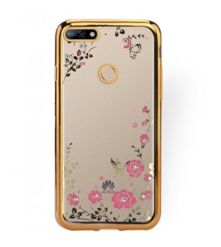 Луксозен гръб Flowers с камъни за Huawei Y7 Prime 2018, Златен
