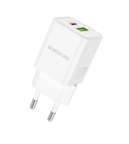 Зарядно адаптер Borofone, BN14 Royal, USB+Type C, QC3.0 PD30W, Бързо зареждане, Бяло