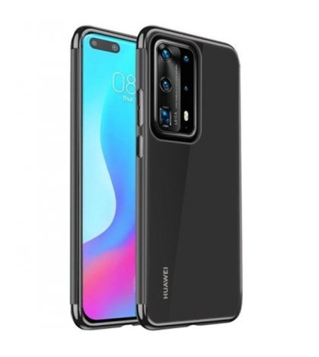Силиконов прозрачен кейс New Electro за Huawei P40 Pro, Черна гланцирана рамка, Прозрачен