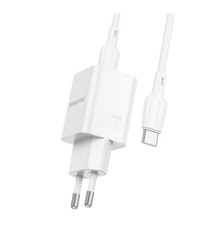 Мрежово зарядно Borofone, BN13 Safety GaN, PD 30W, Type-C, Кабел Type C-Type C, Бързо зареждане, Бяло/Черно
