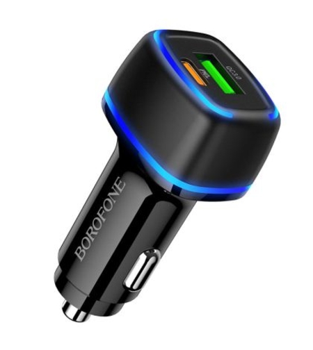 Зарядно устройство за автомобил Borofone BZ14A Mercury , USB+Type C, QC3.0, PD20W 3A, Бързо зареждане, Черно
