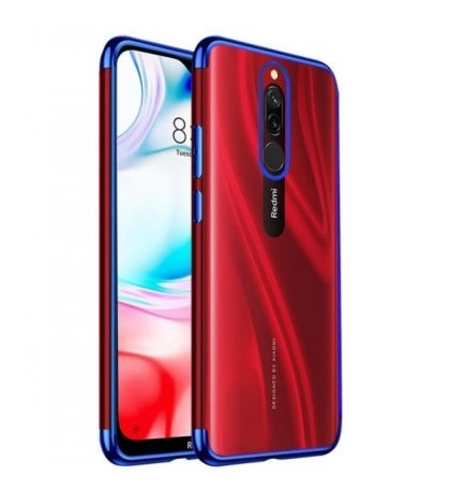 Силиконов прозрачен кейс New Electro за Xiaomi Redmi 8, Синя гланцирана рамка, Прозрачен