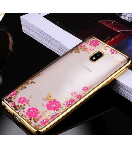 Луксозен гръб Flowers с камъни за Samsung J730F Galaxy J7 (2017), Златен