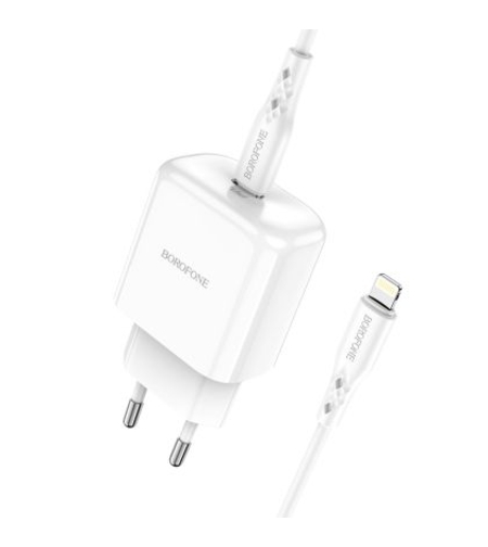Мрежово зарядно Borofone, BN3 Premiun, QC3.0 PD 20W, Кабел Type C-Lightning, Бързо зареждане, Бяло