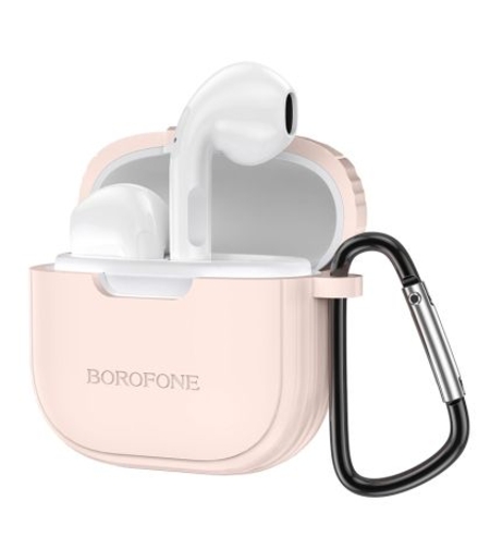 Безжични слушалки Borofone, Bluetooth earphones TWS BW29, Charm+розов силиконов кейс, Бели