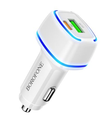 Зарядно устройство за автомобил Borofone BZ14A Mercury , USB+Type C, QC3.0, PD20W 3A, Бързо зареждане, Бяло