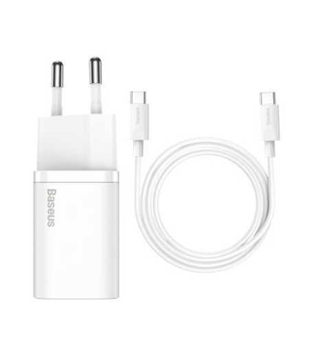 Мрежово зарядно Baseus, Super Si 1C, Type C, QC 3.0, PD 25W+3A кабел Type C-Type C (TZCCSUP-L02), Бързо зареждане, Бяло