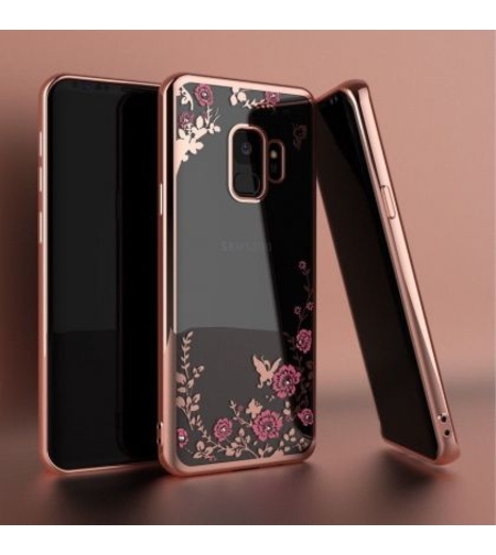 Луксозен гръб Flowers с камъни за Samsung J600 Galaxy J6 2018, Розово златен