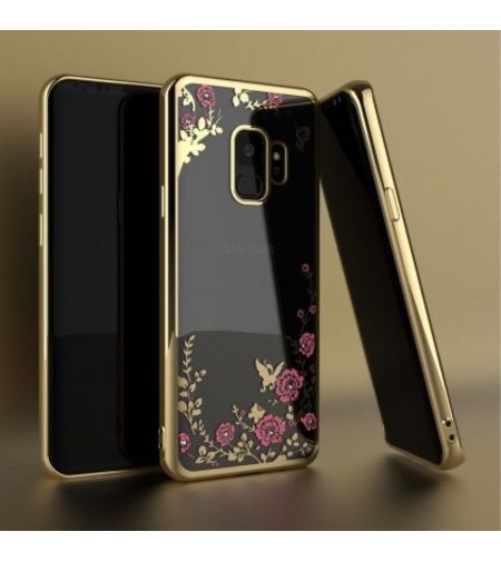 Луксозен гръб Flowers с камъни за Samsung J600 Galaxy J6 2018, Златен