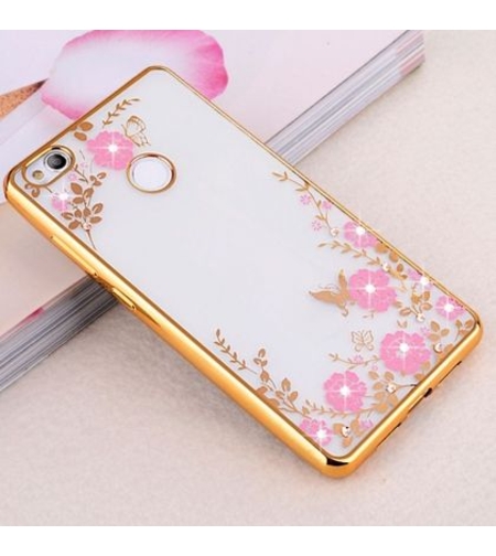 Луксозен прозрачен гръб Flowers с камъни за Huawei P9 Lite mini, Златен