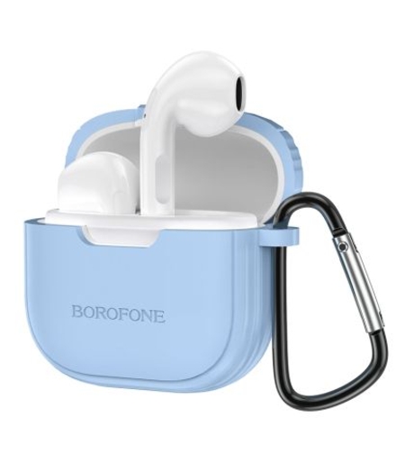 Слушалки Borofone, Bluetooth earphones TWS BW29, Charm+син силиконов кейс, Бели