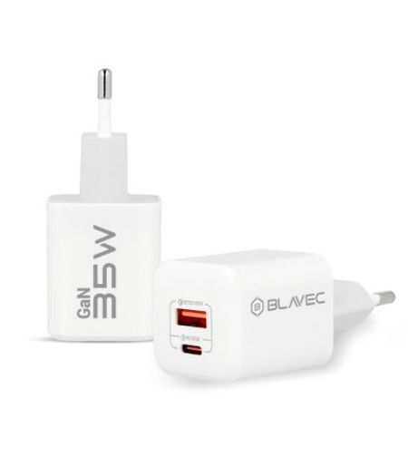Зарядно адаптер Blavec, BC-4 GaN, USB+Type C, PD 35W 3A, Бързо зареждане, (TCBC4G-UCW353A), Бяло