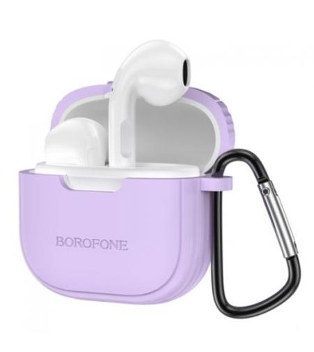 Слушалки Borofone, Bluetooth earphones TWS BW29, Charm+лилав силиконов кейс, Бели