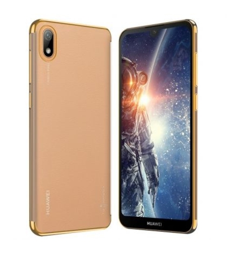 Силиконов прозрачен кейс New Electro за Huawei Y5 2019, Златна гланцирана рамка, Прозрачен