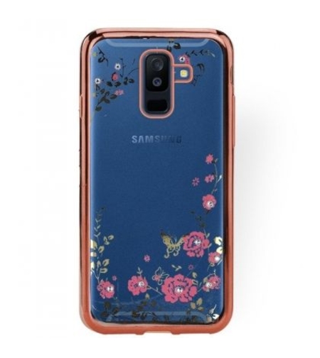 Луксозен гръб Flowers с камъни за Samsung A605 Galaxy A6 Plus 2018, Розово златен