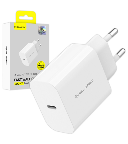 Зарядно адаптер Blavec, BC-7 GaN4, PD QC 45W 3A, Type-C, (TCBC7G4-CW453A), Бързо зареждане, Бяло
