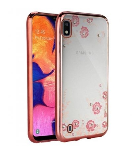 Силиконов гръб Flowers с камъни за Samsung A105 Galaxy A10, Розово златен