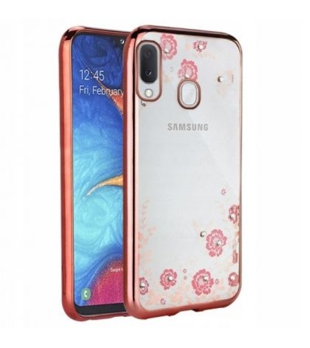Силиконов гръб Flowers с камъни за Samsung A202 Galaxy A20e, Розово златен