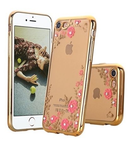 Луксозен гръб Flowers с камъни за IPhone 7/8, Златен