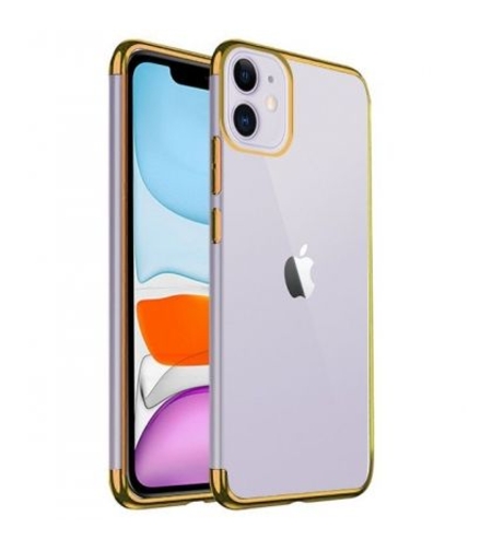 Силиконов прозрачен кейс New Electro за IPhone 11, Златна гланцирана рамка, Прозрачен