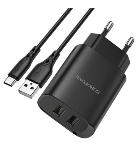 Мрежово зарядно Borofone, BN2 Super 2,1A, 2xUSB, Кабел USB-Type C, Черно