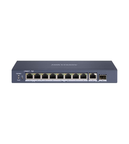 PoE СуичHikVision DS-3E0510HP-E, 6 × gigabit PoE ports, 2 × gigabit Hi-PoE ports, 1 × gigabit RJ45 port, and 1 × gigabit SFP